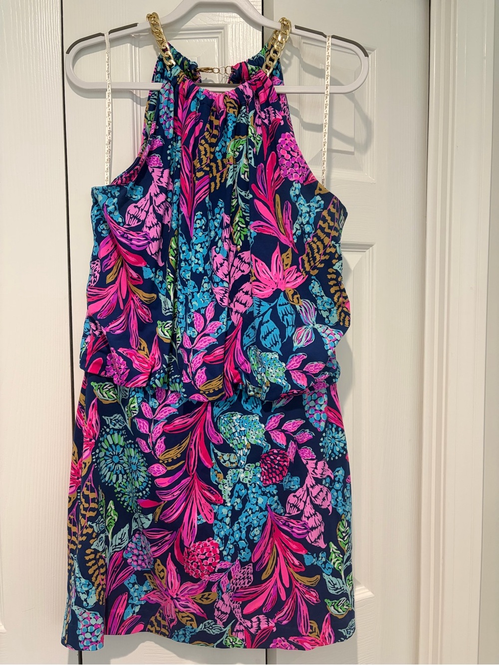 Lilly Pulitzer Navy Floral Halter Dress with Gold Chain Straps